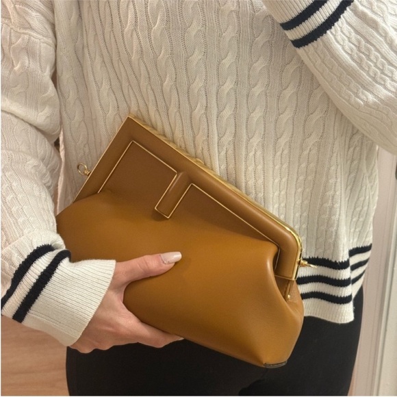 FENDI First Midi Nappa Leather Clutch Brown Camel Gold Hardware - Picture 12 of 12